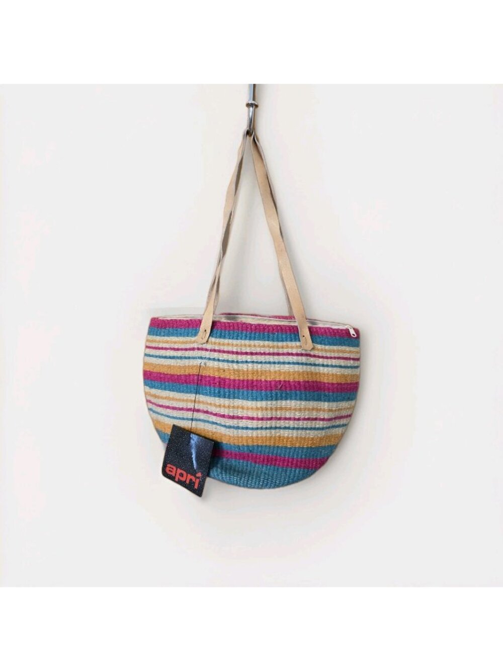 Vintage APRI Handwoven Sisal Straw Tote Bag Striped Boho Market Purse